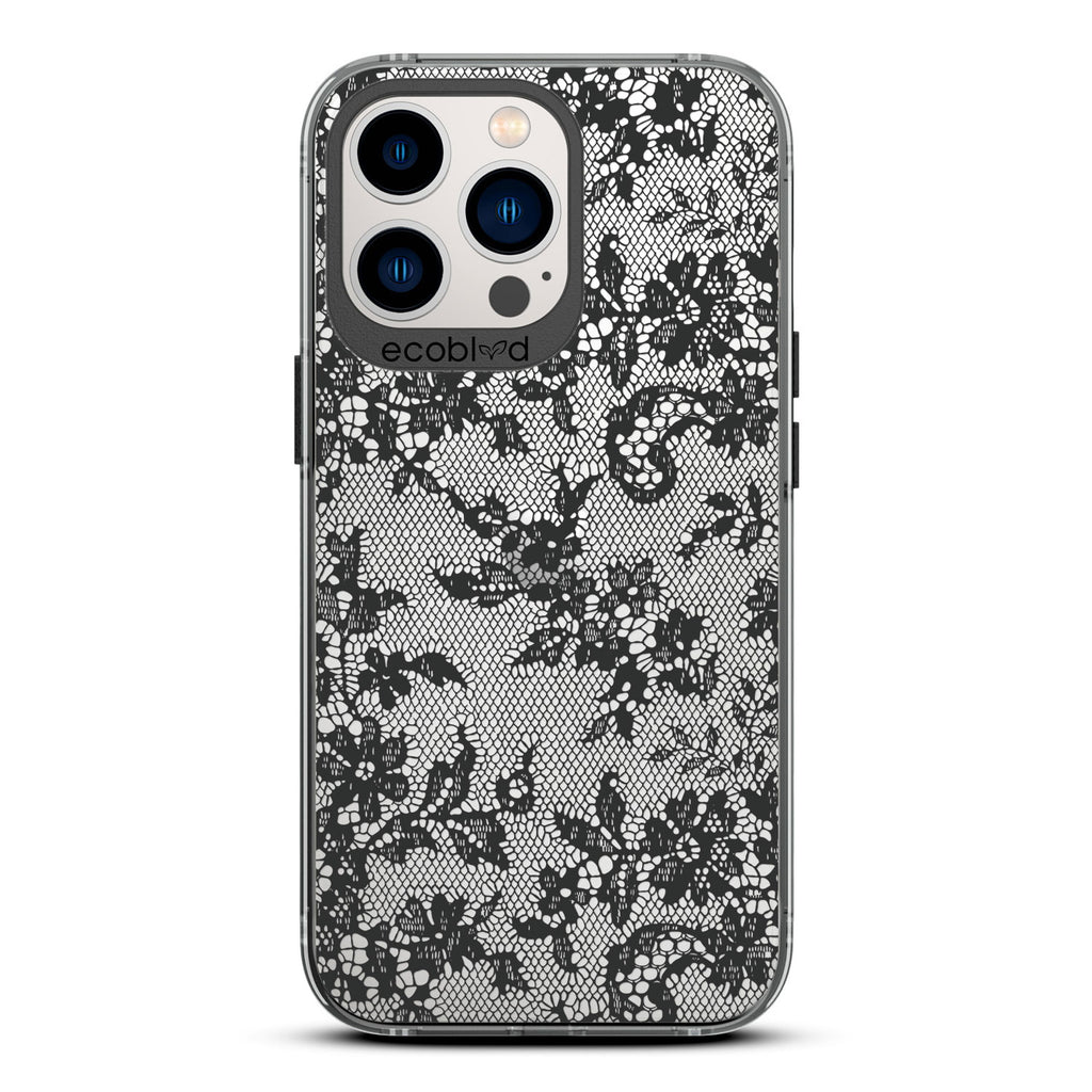Spring Collection - Black Compostable iPhone 12/13 Pro Max Case - French Chantilly Floral Lace Trim On Clear Back