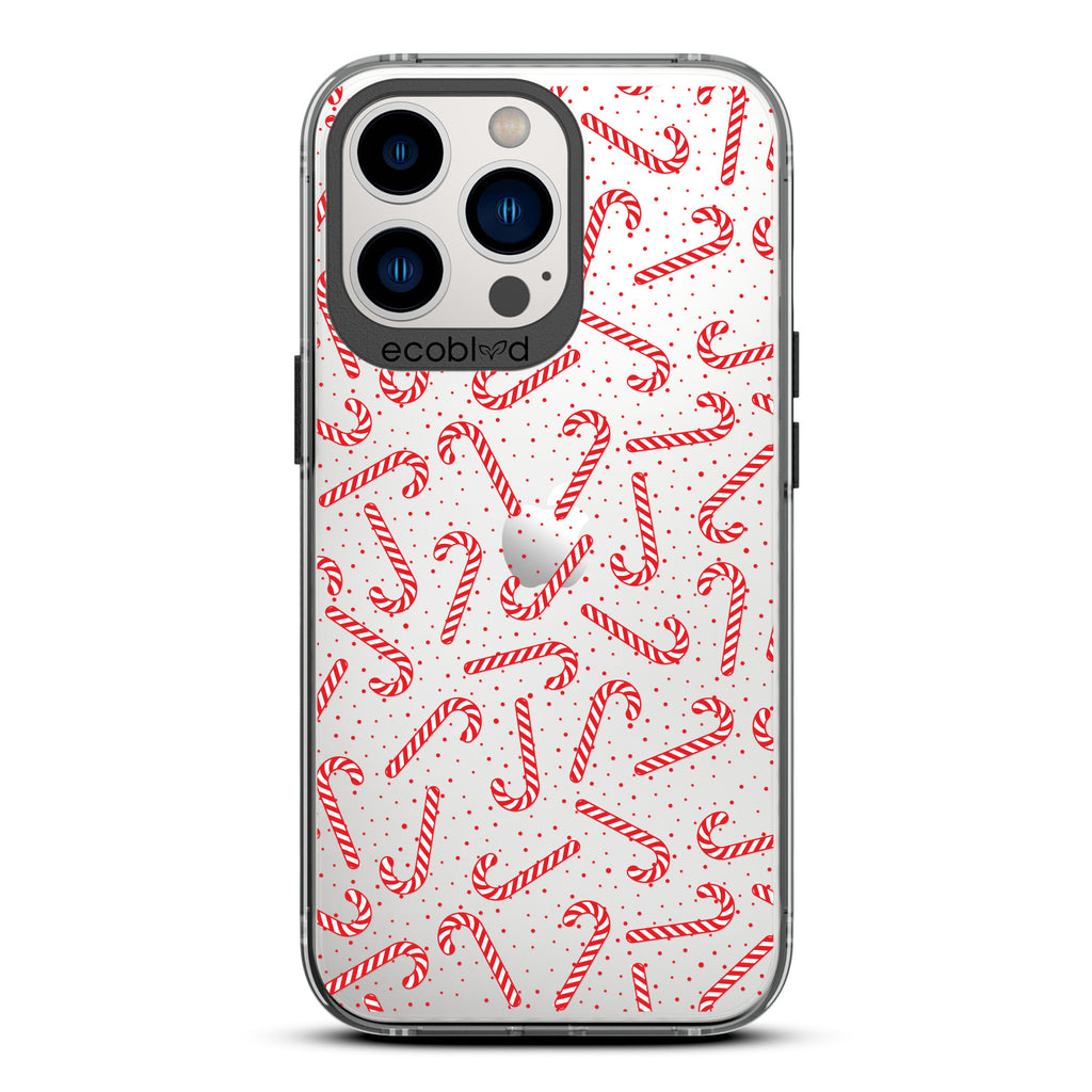 Winter Collection - Black Laguna Compostable iPhone 12 & 13 Pro Max Case With Red & White Candy Canes, Red Dots On Clear Back