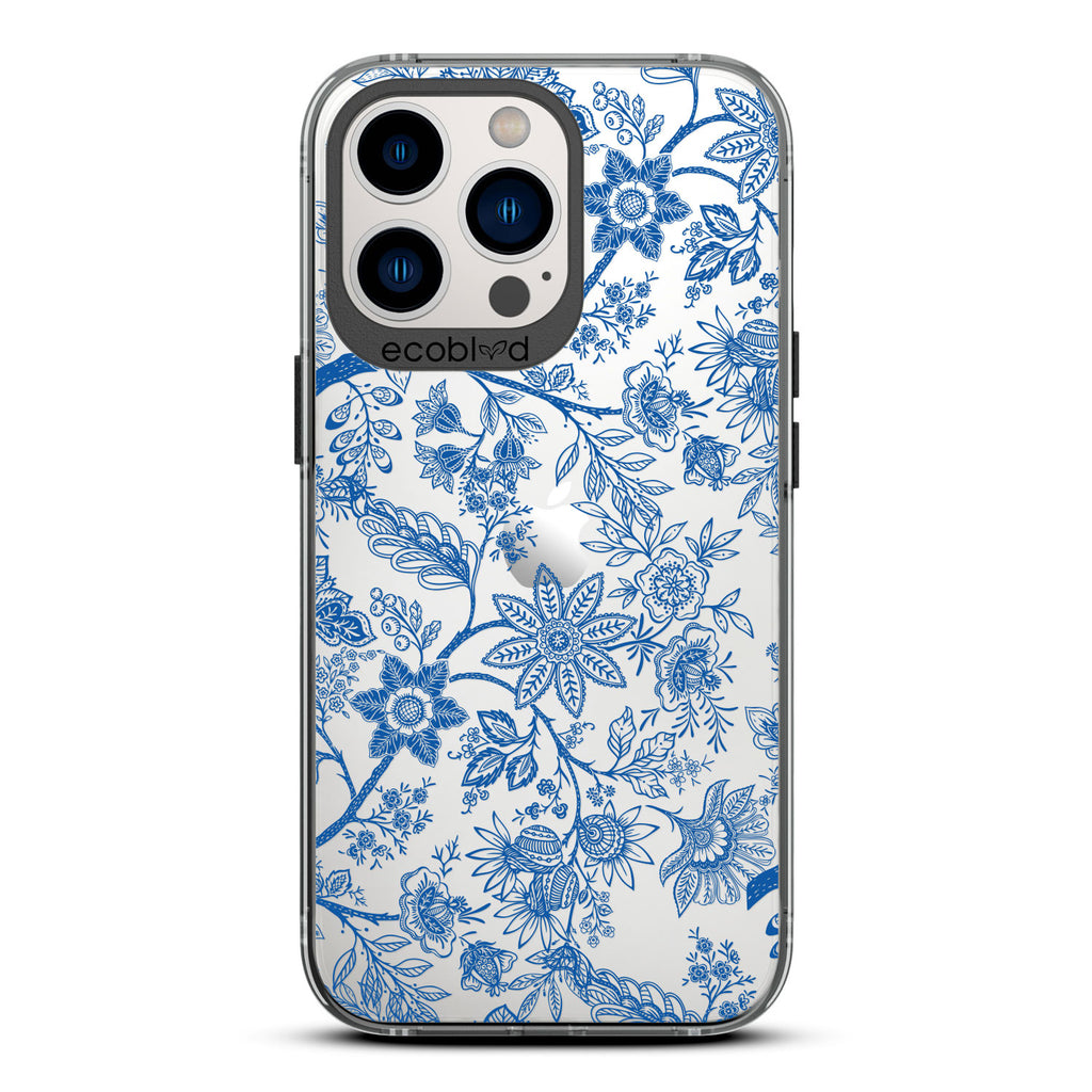 Timeless Collection - Black Laguna Eco-Friendly iPhone 13 Pro Case With Blue Toile De Jouy Floral Pattern On A Clear Back