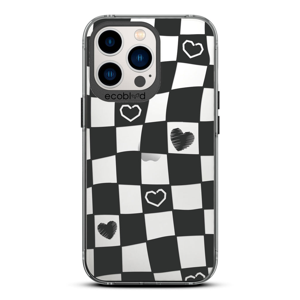 Love Collection - Black Compostable iPhone 13 Pro Case - Wavy Checkered Print & Scribbled Hearts On A Clear Back
