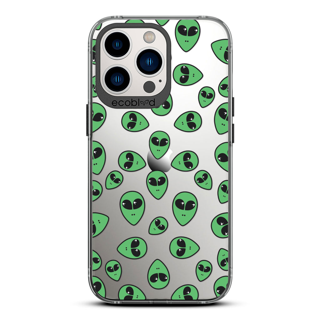 Laguna Collection - Black Eco-Friendly iPhone 13 Pro Case With Green Cartoon Alien Heads On A Clear Back - Compostable