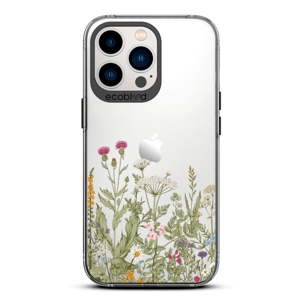 Spring Collection - Black Compostable iPhone 13 Pro Case - Wild Herbs & Flowers Botanical Herbarium On A Clear Back