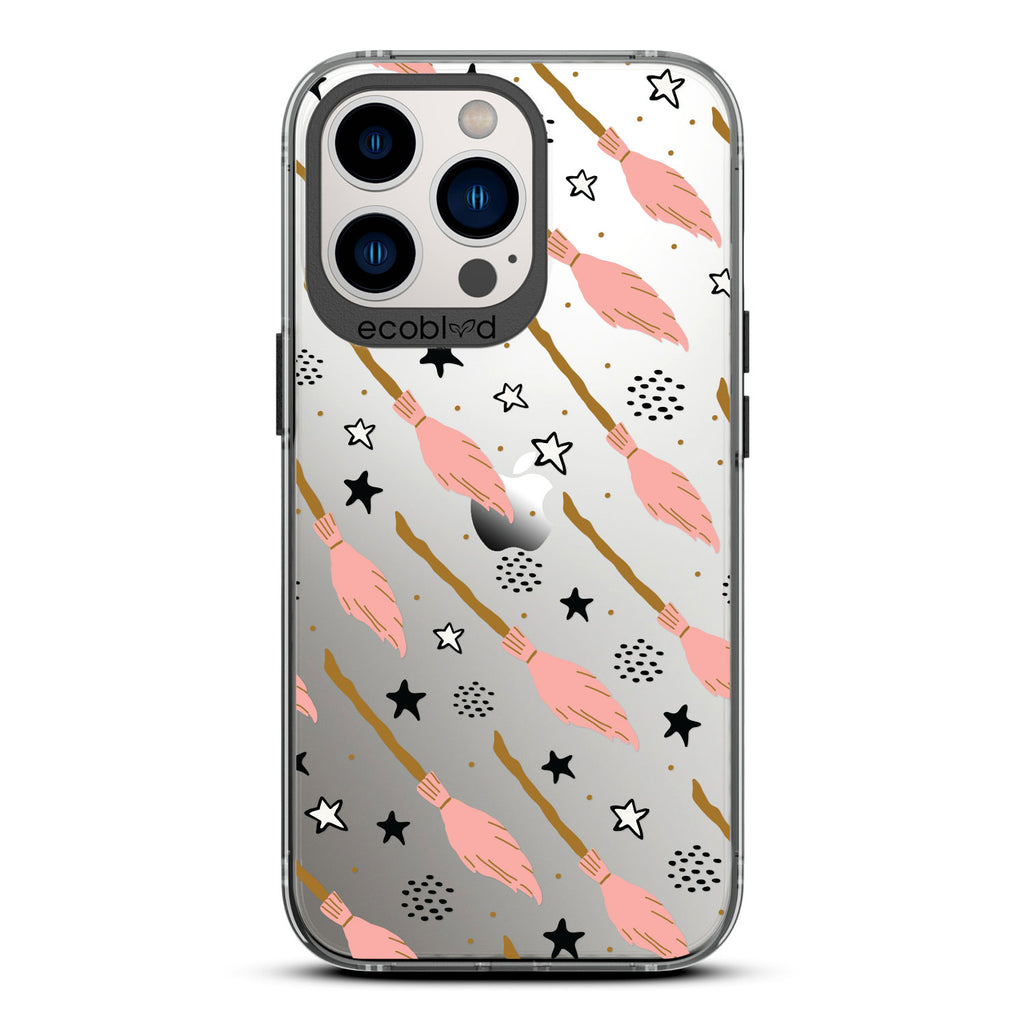 Halloween Collection - Black Laguna iPhone 12 & 13 Pro Max Case With Pink Witch's Brooms And Stars On A Clear Back 