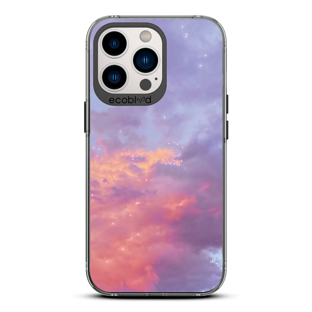 Love Collection -  Black Compostable iPhone 13 Pro Case - Cloudy Pastel Sunset With Stars On A Clear Back