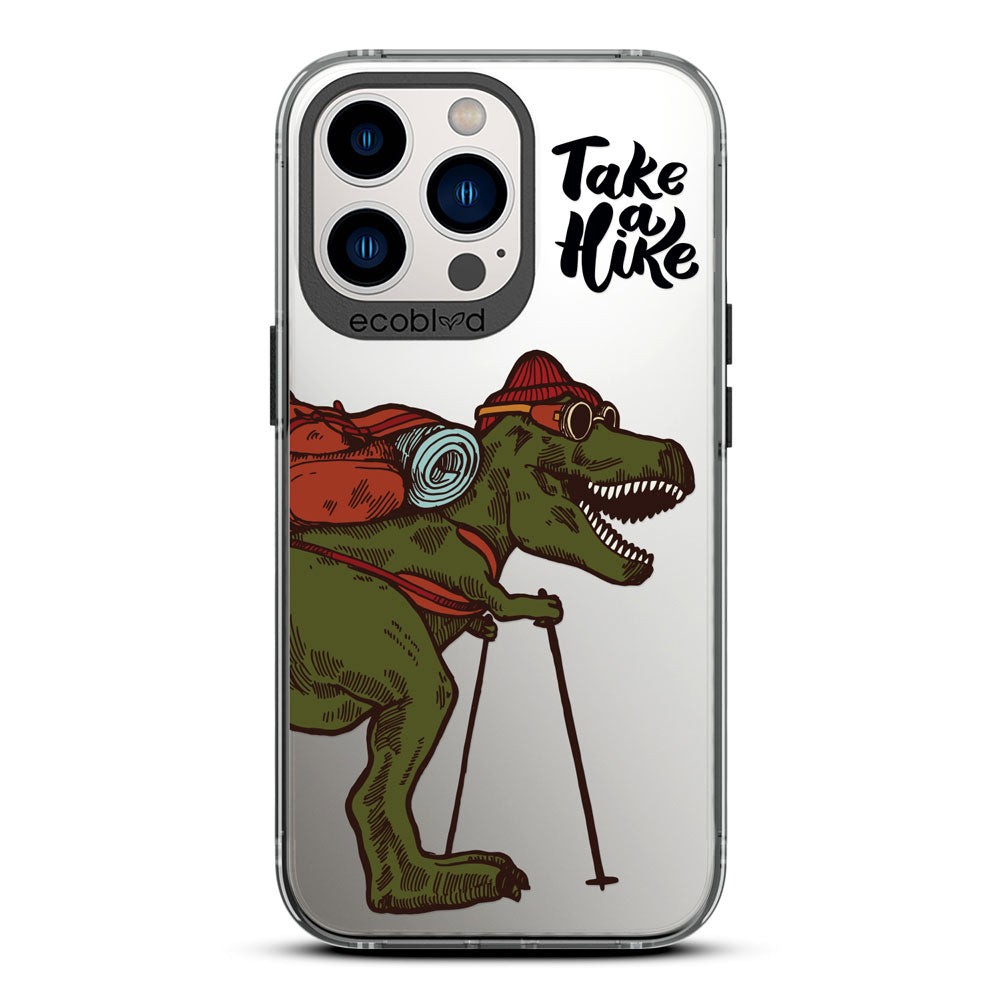 Laguna Collection - Black iPhone 13 Pro Max / 12 Pro Max Case With A Trail-Ready T-Rex And Take A Hike Quote On A Clear Back