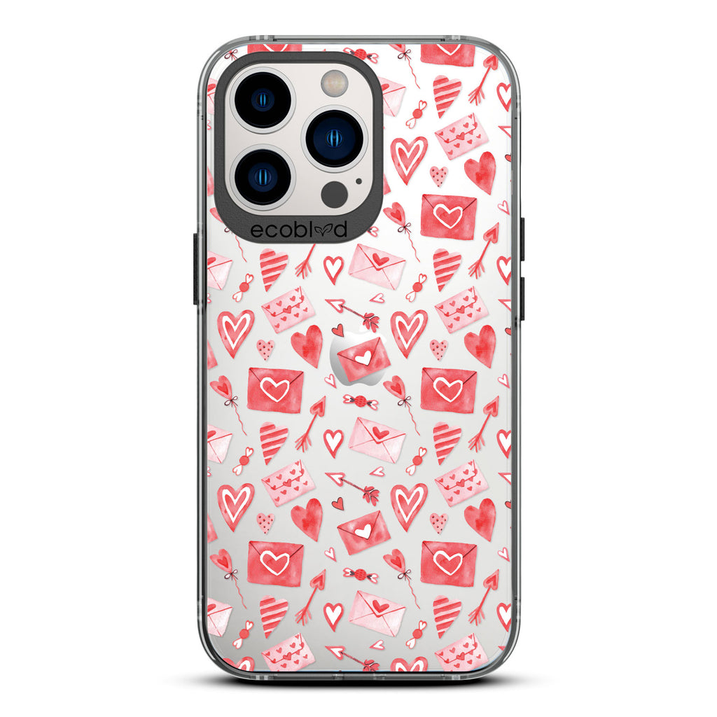  Love Collection - Black Compostable iPhone 13 Pro Case - Red & Pink Love Letter Envelopes, Hearts & Arrows On Clear Back