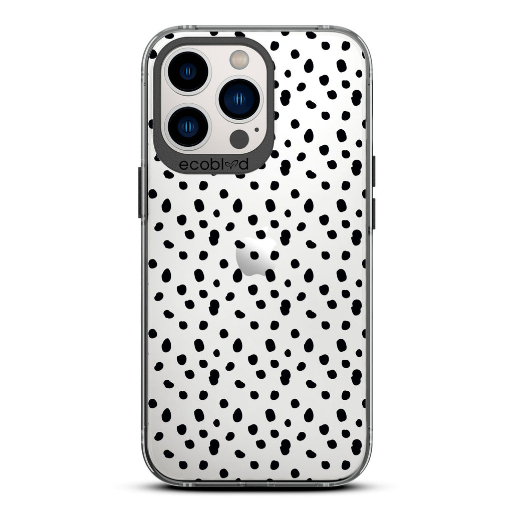 Timeless Collection - Black Laguna Compostable iPhone 13 Pro Case With A Polka Dot Pattern On A Clear Back