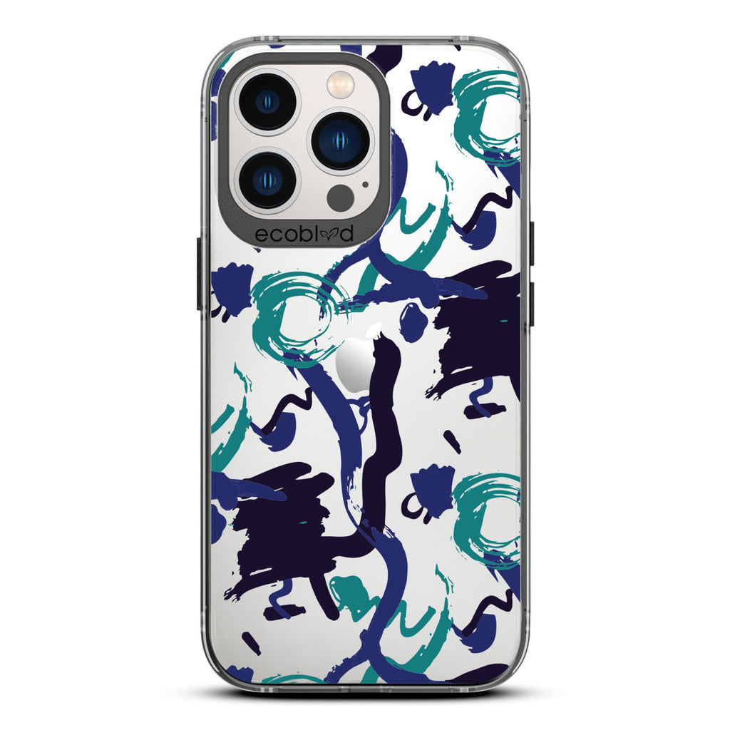 Contemporary Collection - Black Compostable iPhone 13 Pro Case - Blue, Black, Teal Abstract Paint Swirl On A Clear Back
