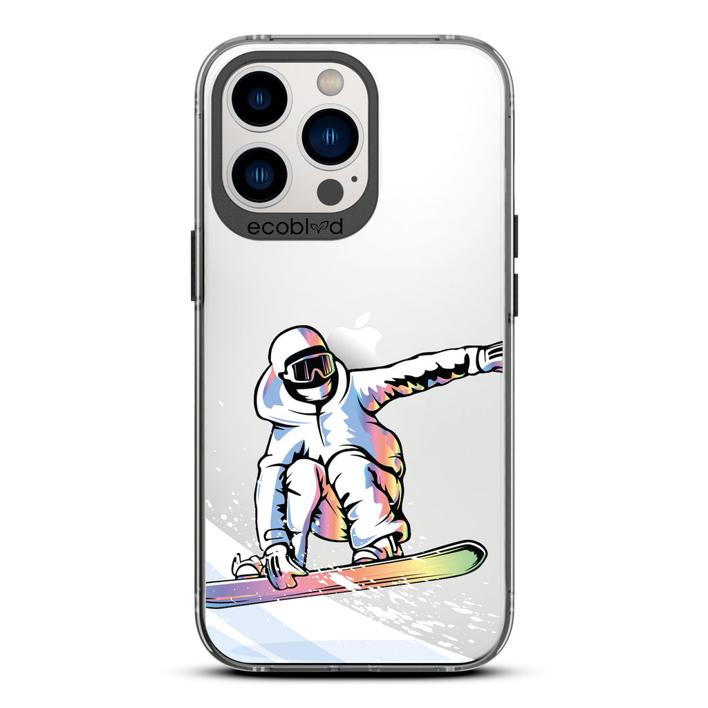 Winter Collection - Black Eco-Friendly iPhone 13 Pro Case - A Snowboarder Jumps Holding The Board On A Clear Back