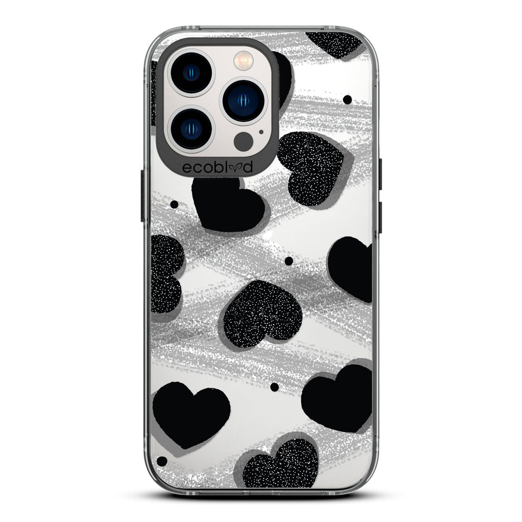 Love Collection - Black Compostable iPhone 12/13 Pro Max Case - Silver Glitter Hearts, Dots, Grey Paint Strokes On A Clear Back