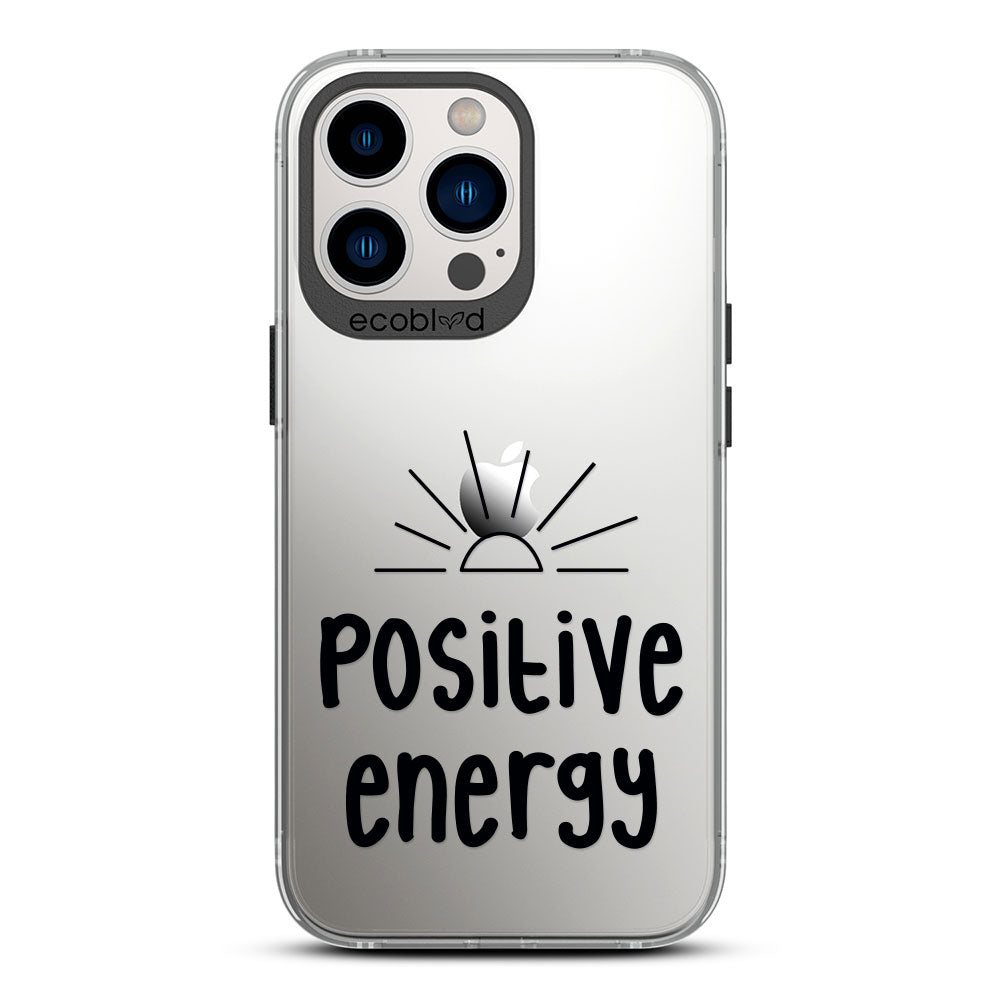 Laguna Collection - Black iPhone 13 Pro Max / 12 Pro Max Case With A Sun Rising And Positive Energy Quote On A Clear Back