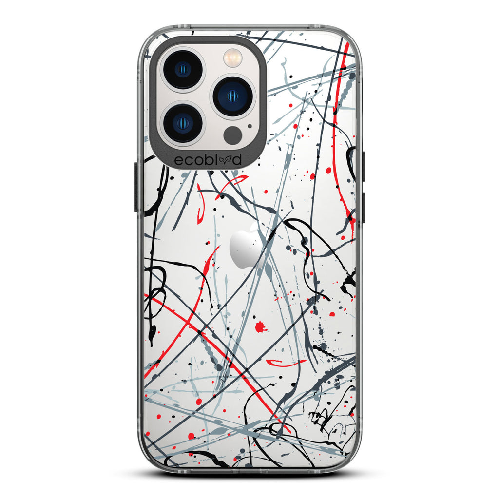 Contemporary Collection - Black Compostable iPhone 13 Pro Case - Black & Red Paint Splatter On A Clear Back