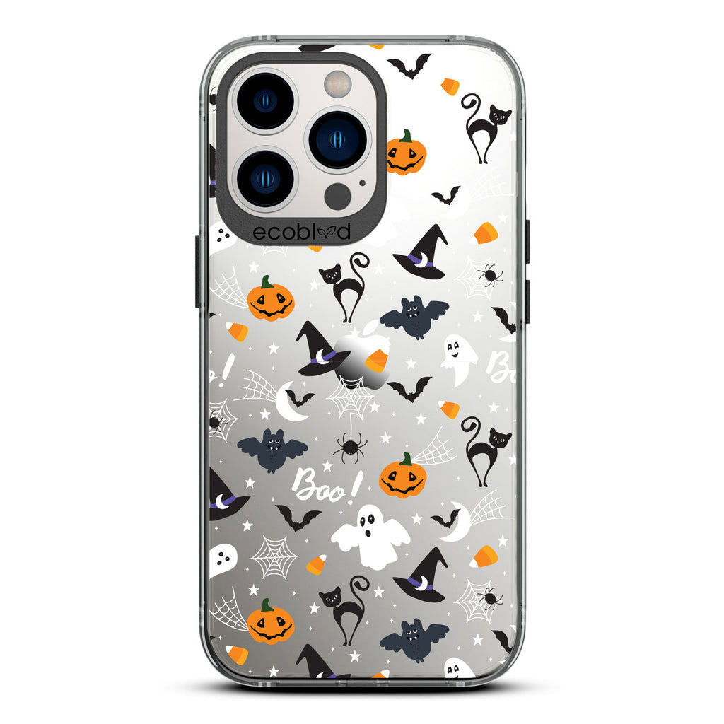 Halloween Collection - Black Laguna iPhone 13 Pro Case With Spiders, Ghosts & Other Spooky Characters On A Clear Back 