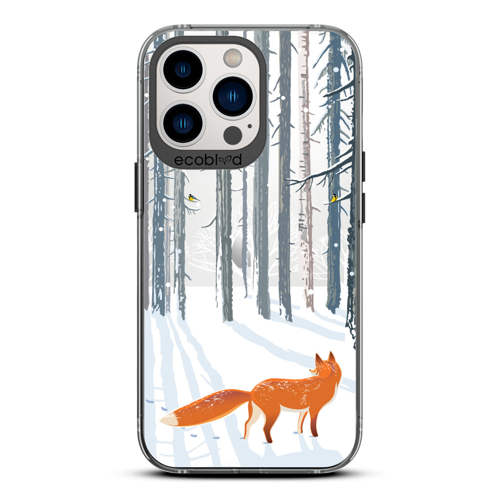 Winter Collection - Black Eco-Friendly iPhone 13 Pro Case - Orange Fox Trails Pawprints In Snowy Woods On A Clear Back