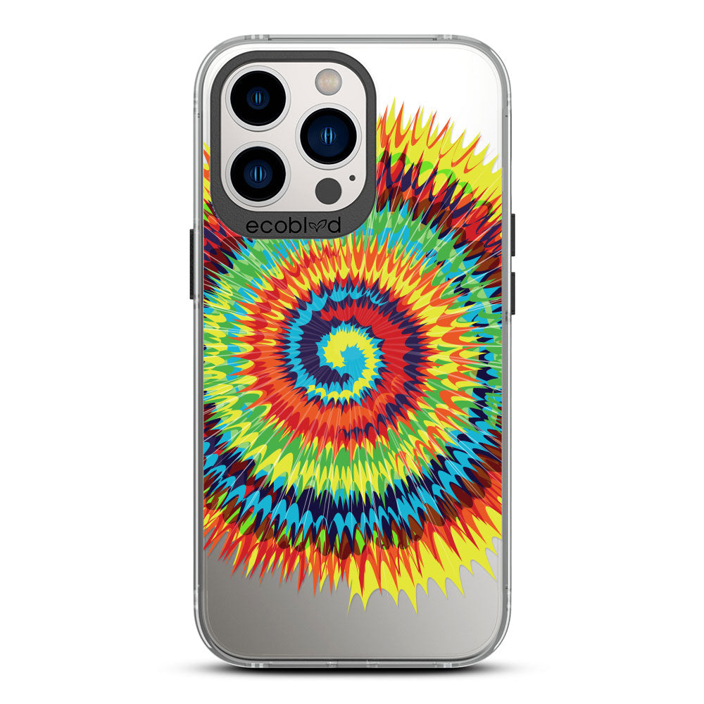 Laguna Collection - Black iPhone 13 Pro Max / 12 Pro Max Case With A Retro Rainbow Tie Dye Print On A Clear Back