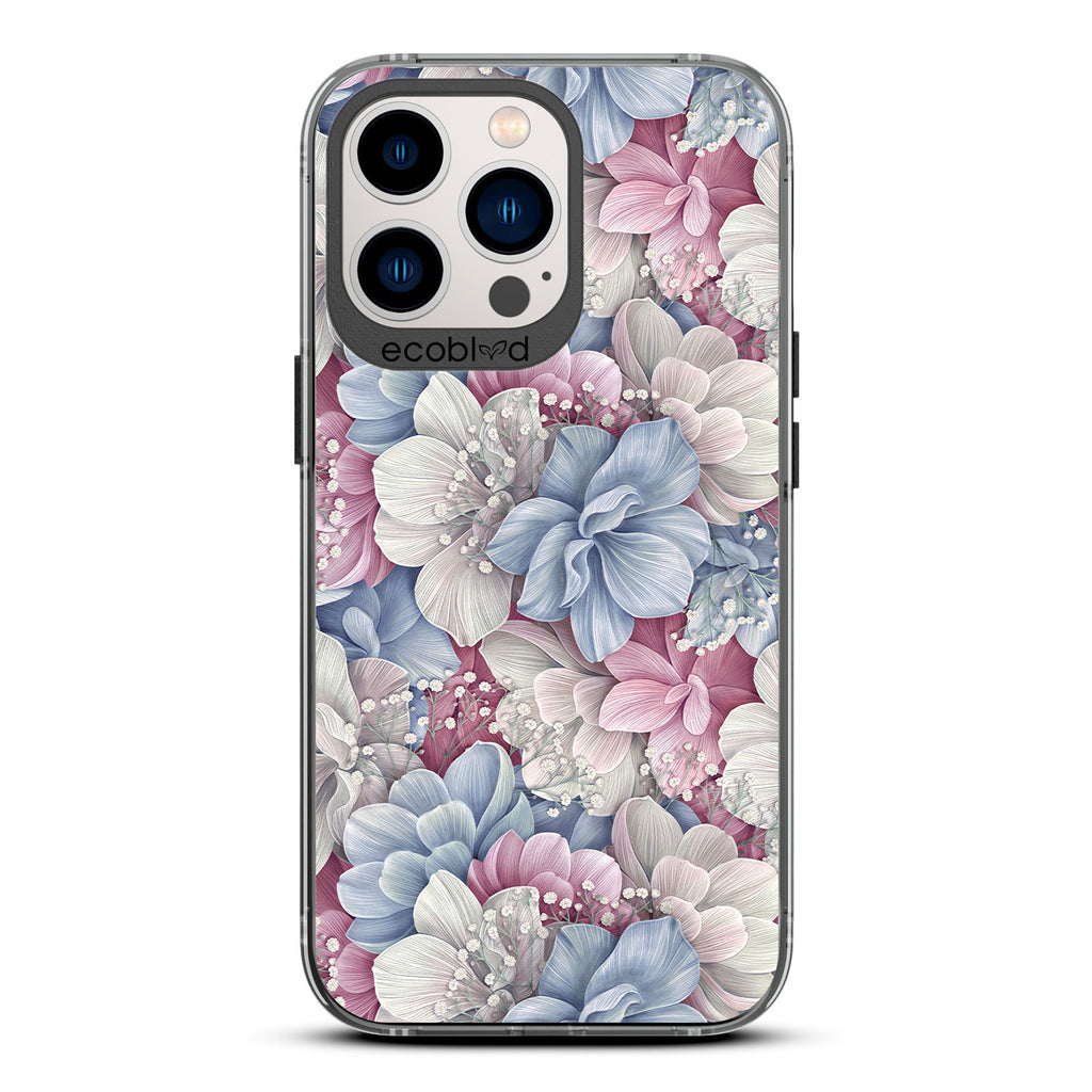 Spring Collection - Black Compostable iPhone 13 Pro Case - Dewey Pastel-Colored Watercolor Hydrangeas On A Clear Back