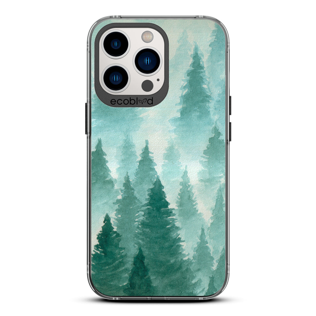 Winter Collection - Black Eco-Friendly Laguna iPhone 13 Pro Case With A Watercolor Pine Tree Forest Print On A Clear Back