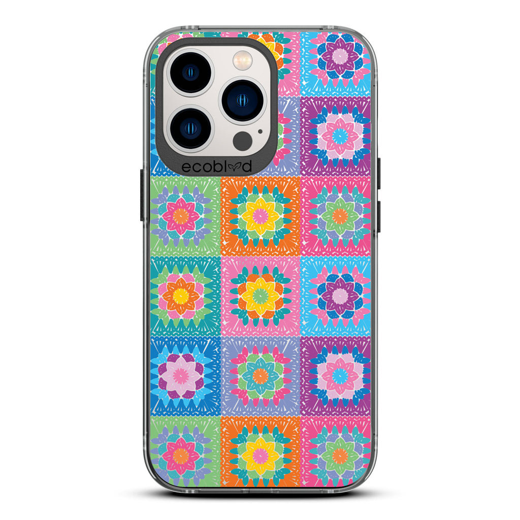 All Squared Away - Pastel Vintage Granny Squares Crochet - Eco-Friendly Clear iPhone 13 Pro Case With Black Rim 