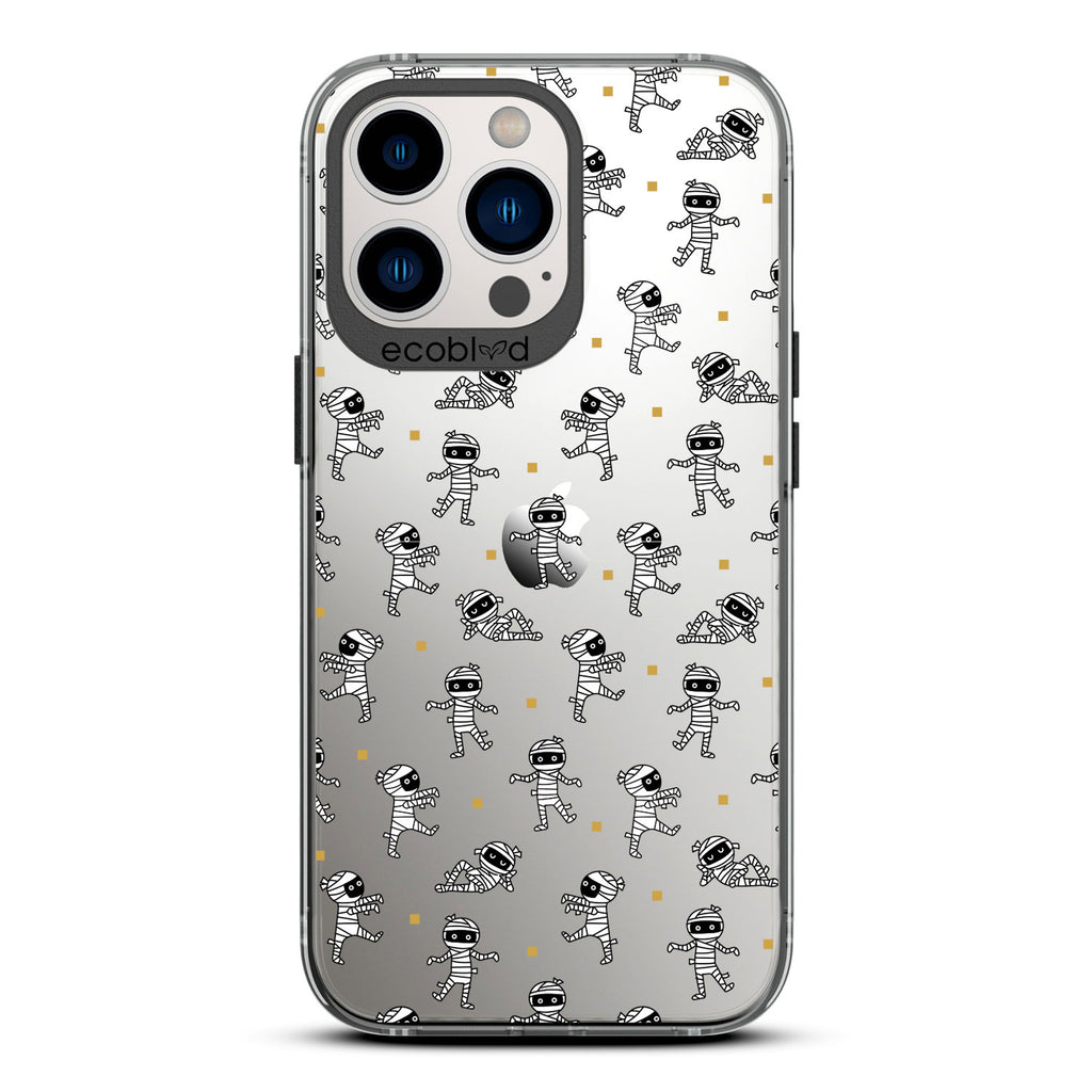 Halloween Collection - Black Laguna iPhone 13 Pro Case With Multiple Cartoon Mummies Walking & Laying On A Clear Back