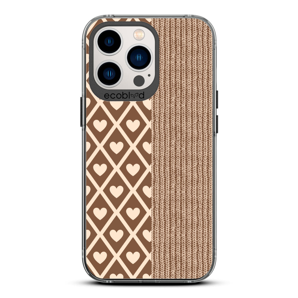 Love Collection - Black Compostable iPhone 13 Pro Case - Left: Brown Argyle Print & Right: Sewn Fabric On A Clear Back