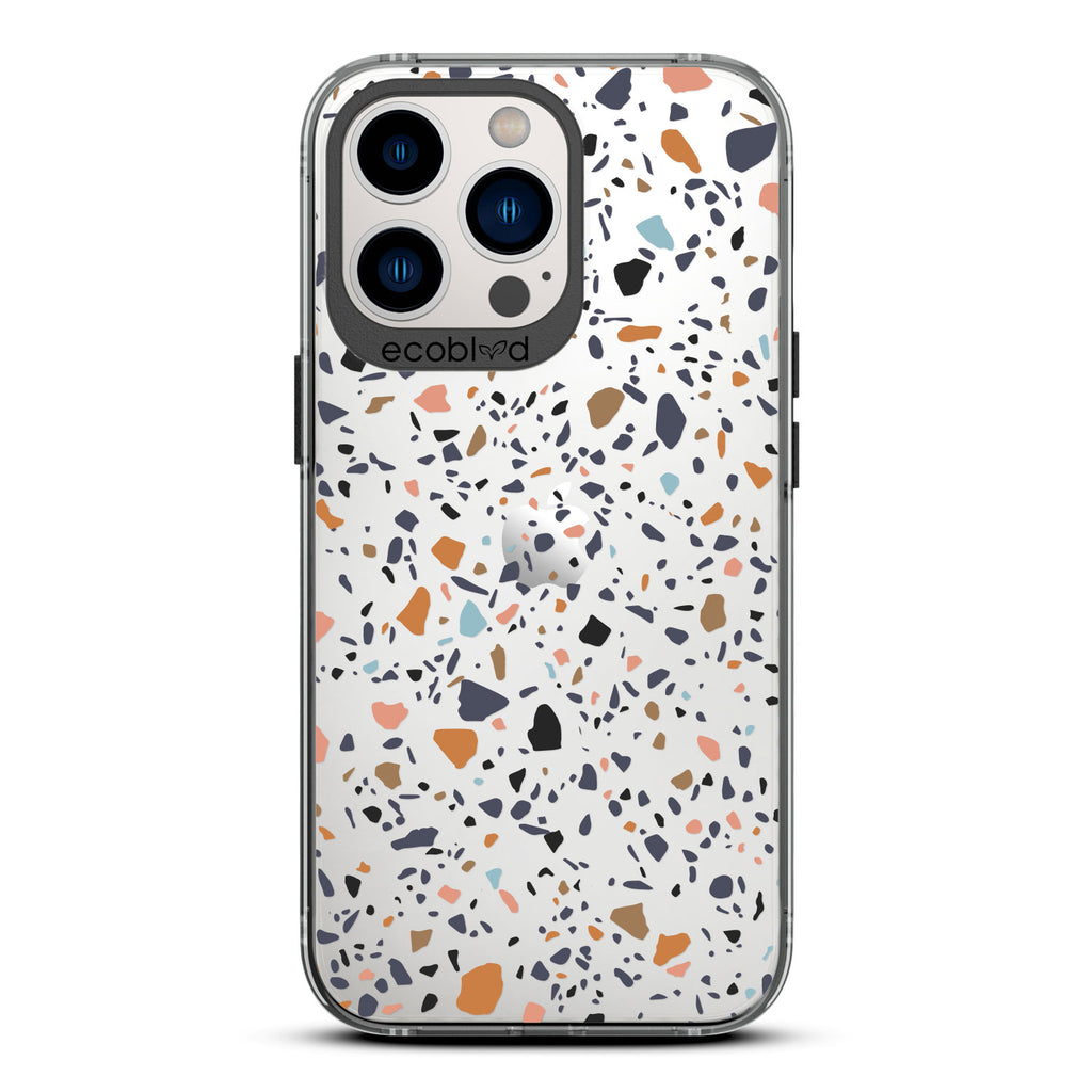 Timeless Collection - Black Laguna Compostable iPhone 13 Pro Case With A Speckled Terrazzo Pattern On A Clear Back