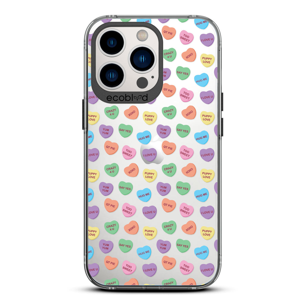 Love Collection - Black Compostable iPhone 12 & 13 Pro Max Case - Pastel Candy Hearts With Romantic Quotes On A Clear Back