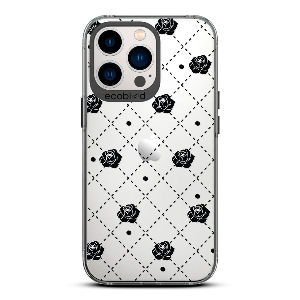 Love Collection - Black Compostable iPhone 12/13 Pro Max Case - Argyle Print, Black Dots & Black Roses On A Clear Back