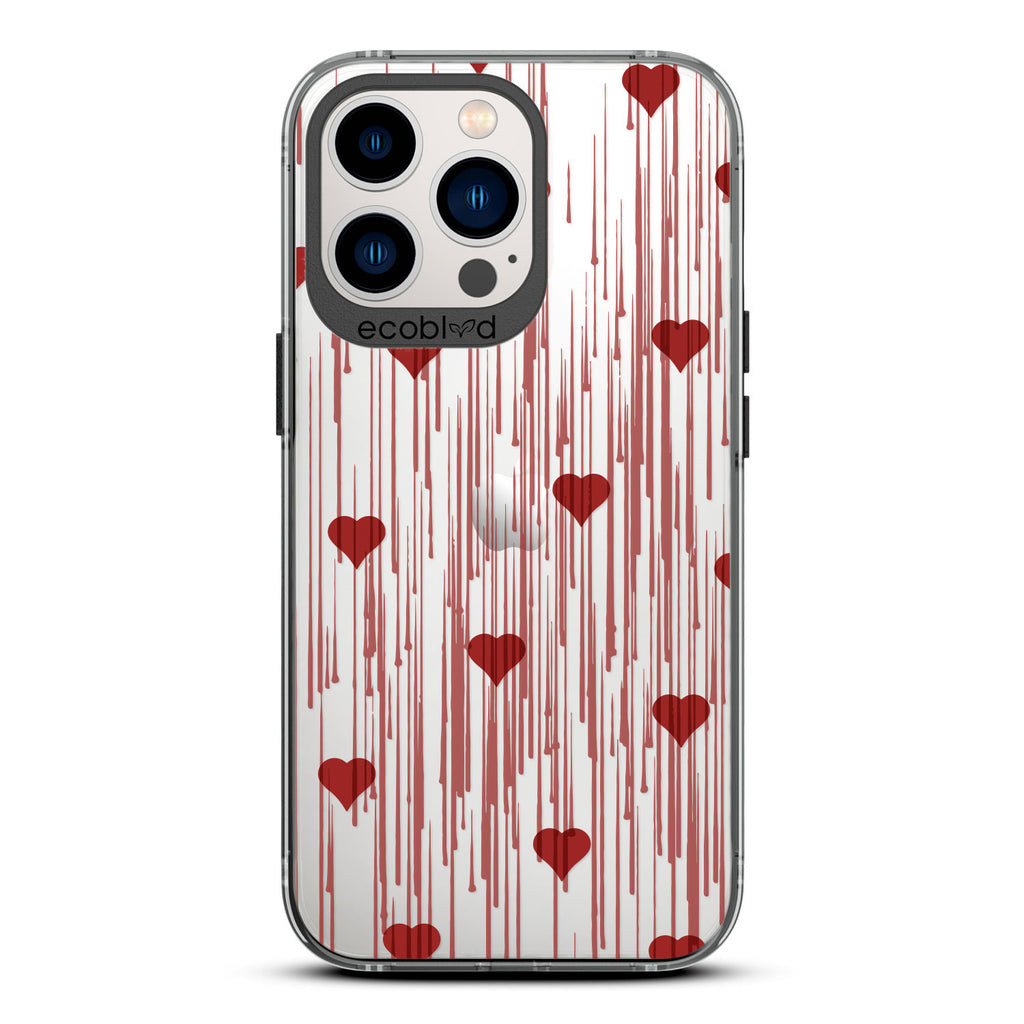 Love Collection - Black Compostable iPhone 12/13 Pro Max Case - Red Hearts With A Drip Art Style On A Clear Back