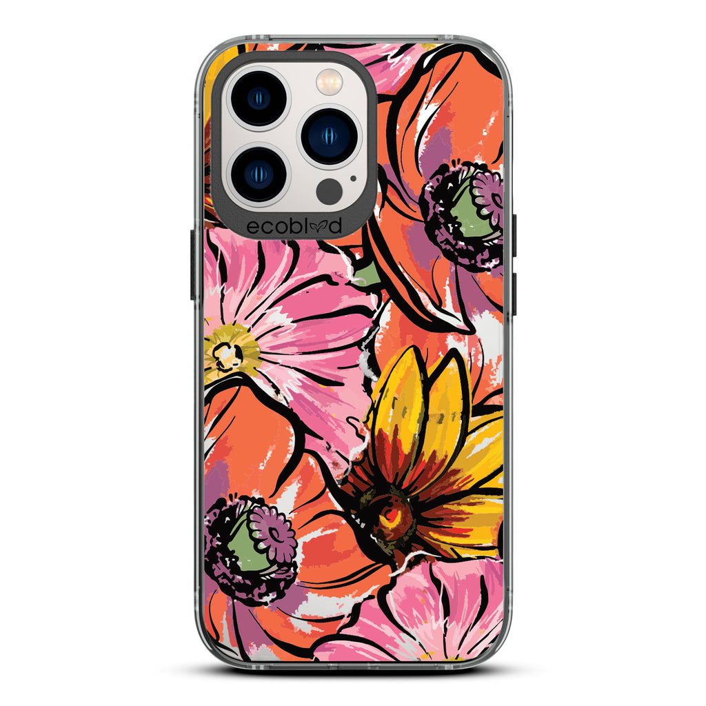 Spring Collection - Black Compostable iPhone 12/13 Pro Max Case - Watercolor Spring Flowers Painting On A Clear Back