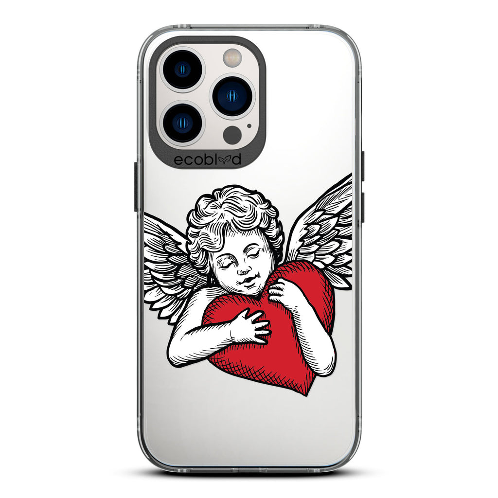 Love Collection - Black Compostable iPhone 13 Pro Case - Black & Grey Tattoo Style Cupid Holding Red Heart On Clear Back