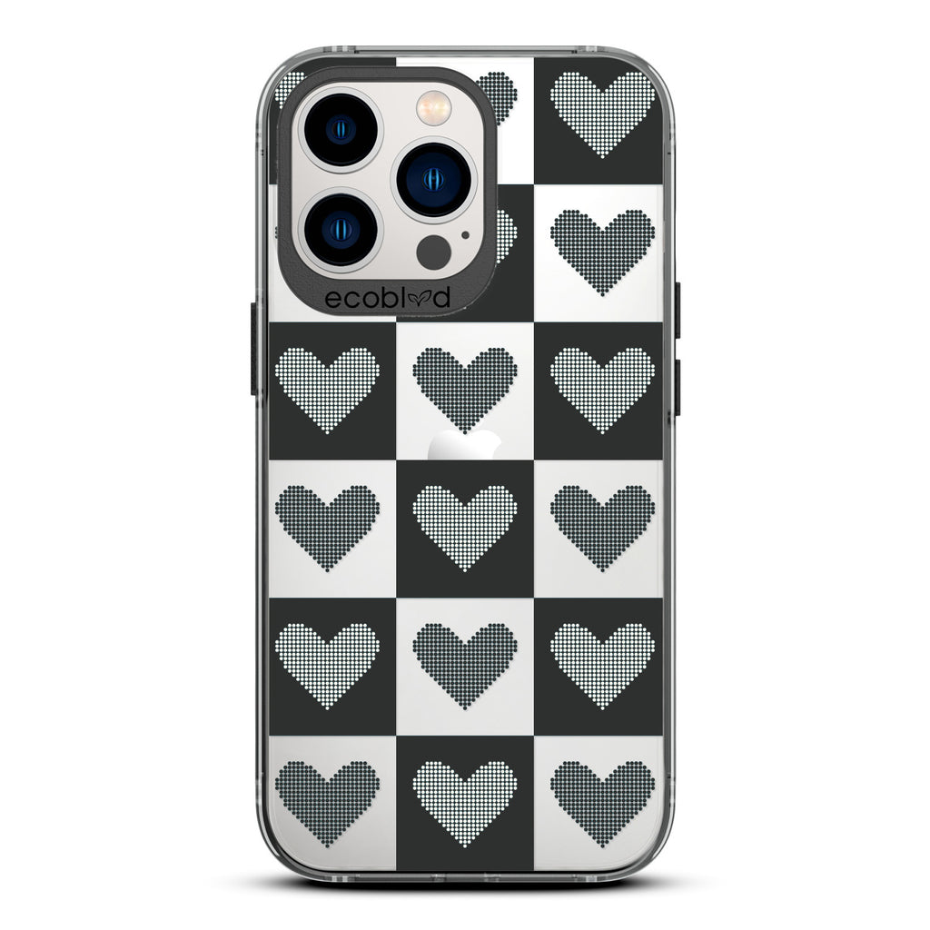Love Collection - Black Compostable iPhone 12/13 Pro Max Case - Black Checkered Print With Knitted Hearts On A Clear Back