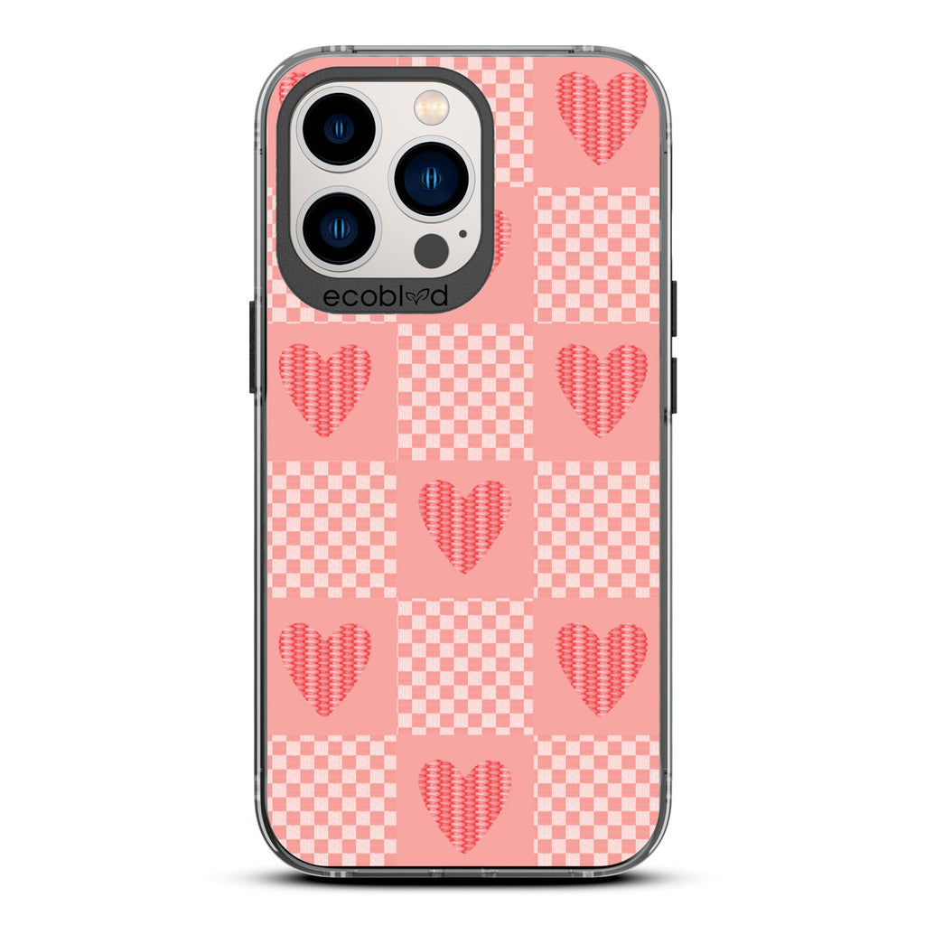 Love Collection - Black Compostable iPhone 12/13 Pro Max Case - Gingham Print Of Chevron Squares & Sewn Hearts On A Clear Back