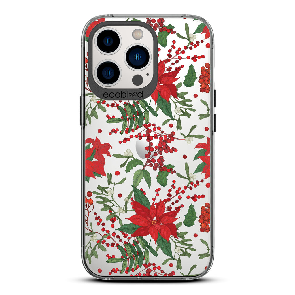 Winter Collection - Black Compostable iPhone 13 Pro Case - Illustrated Poinsettia Floral Print On Clear Back