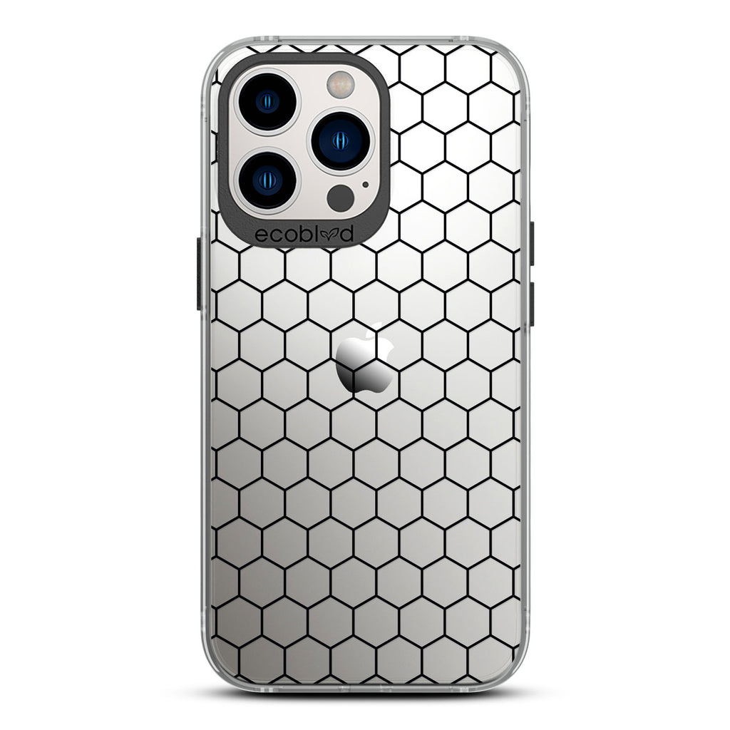 Laguna Collection - Black Eco-Friendly iPhone 12 & 13 Pro Max Case With A Geometric Honeycomb Pattern On A Clear Back