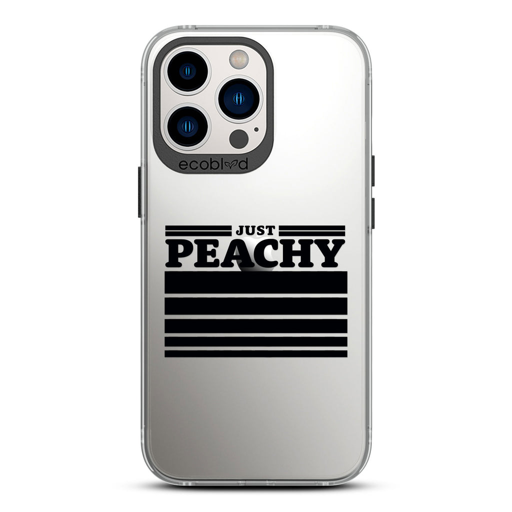 Laguna Collection - Black iPhone 13 Pro Case With Just Peachy Quote and Gradient Stripes On A Clear Back 
