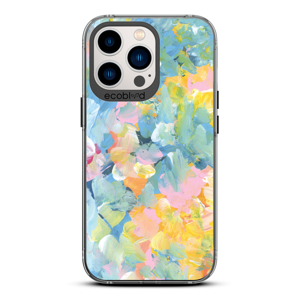 Spring Collection - Black Compostable iPhone 13 Pro Case - Pastel Acrylic Abstract Paint Smears & Blots On A Clear Back