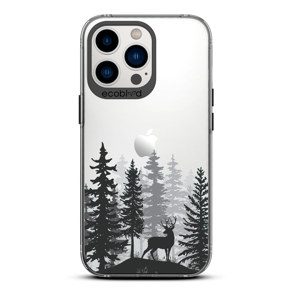 Winter Collection - Black Compostable iPhone 13 Pro Case - Wild Stag Standing On Boulder In The Woods On Clear Back