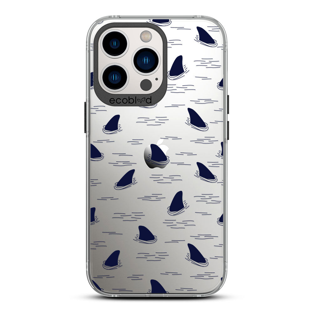 Laguna Collection - Black iPhone 13 Pro Case With Shark Fins Peeking From Water On A Clear Back - 6FT Drop Protection