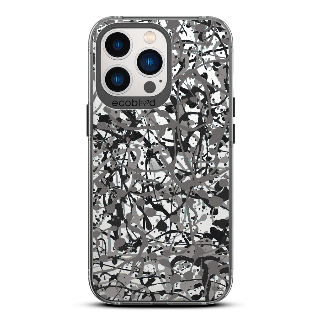 Contemporary Collection - Black Compostable iPhone 12/13 Pro Max Case - Abstract Pollock-Style Painting On A Clear Back