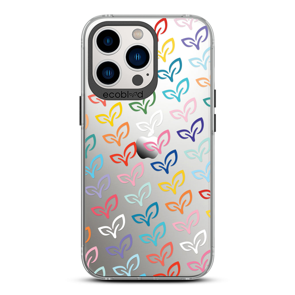 Laguna Collection - Black iPhone 13 Pro Case With Colorful V-Leaf Monogram Print On A Clear Back - 6FT Drop Protection