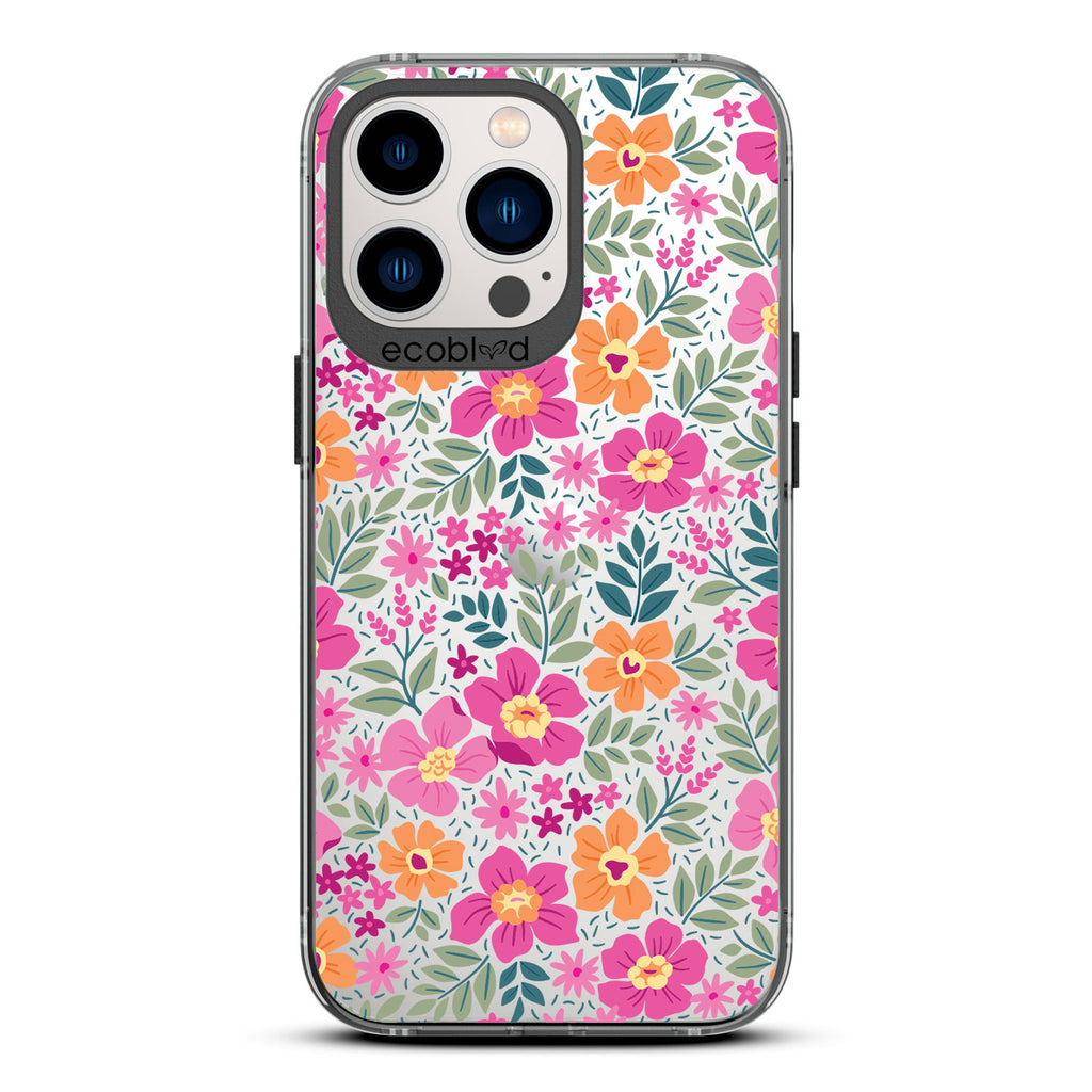 Spring Collection - Black Compostable iPhone 12/13 Pro Max Case - Bright, Colorful  Vintage Cartoon Flowers with Leaves On A Clear Back