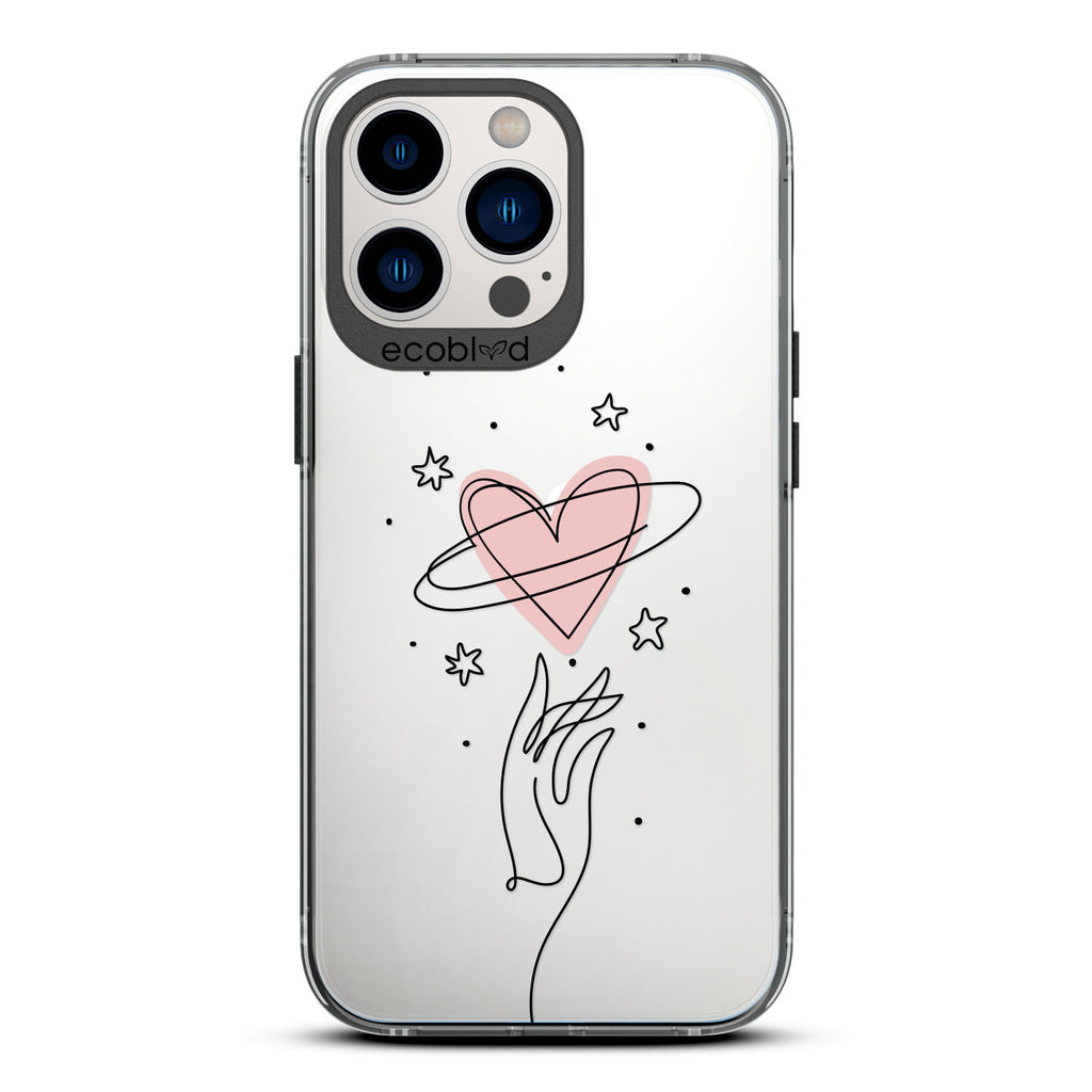Be Still My Heart - Black iPhone 12 & 13 Pro Max Case - Line Art Hand Reaching Out For Pink Heart, Stars On Clear Back