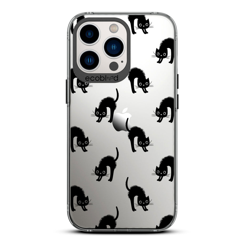 Halloween Collection - Black Laguna iPhone 13 Pro Case With Frightened Black Cats On A Clear Back Back