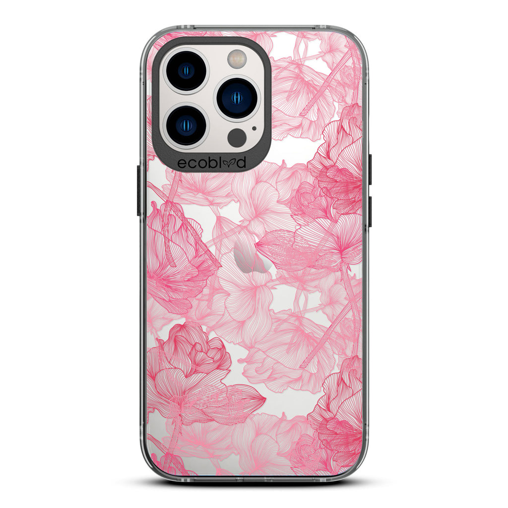 Blushed Pink - Black Compostable iPhone 12 & 13 Pro Max Case - Pink Line Art Style Roses On A Clear Back