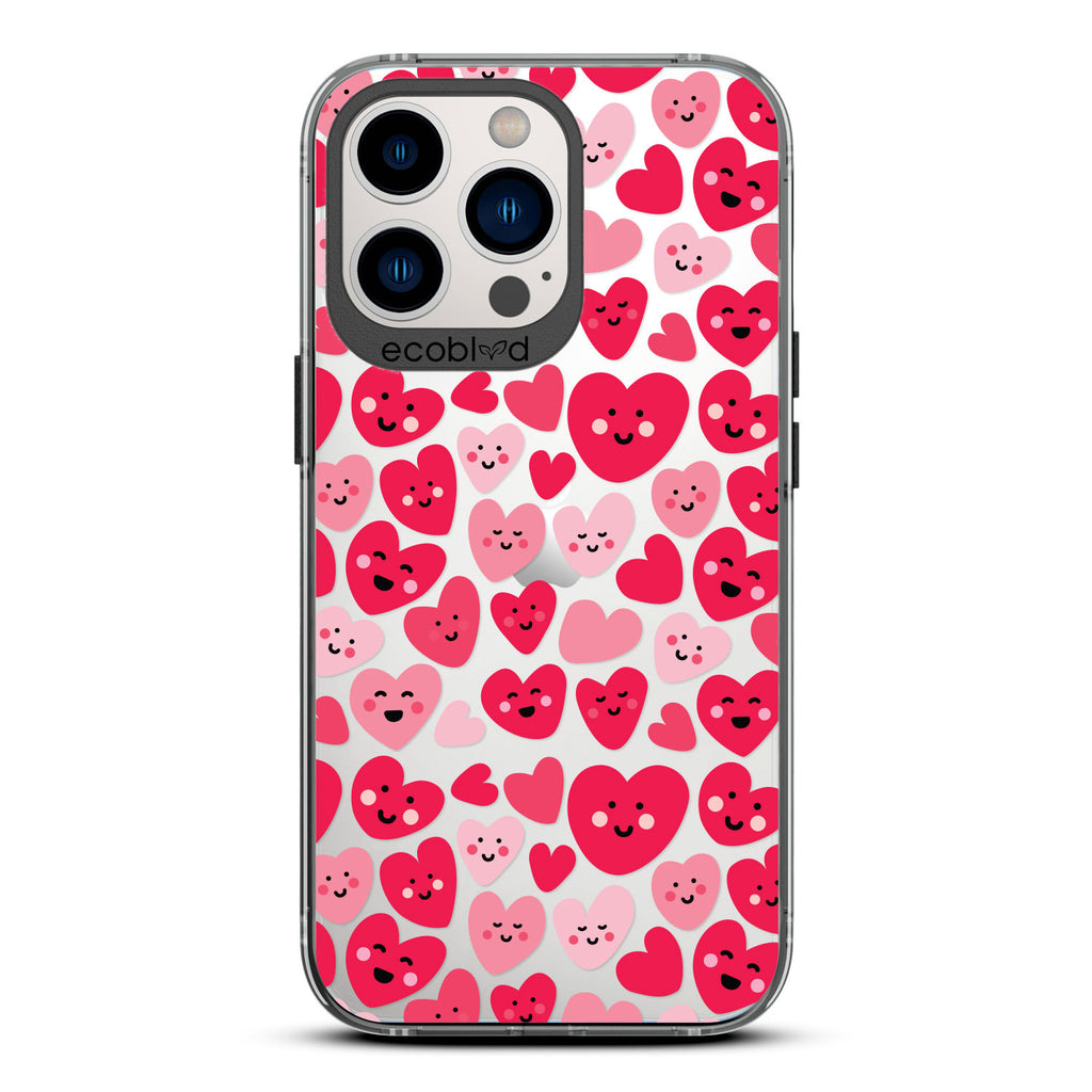  Love Collection - Black Compostable iPhone 12 & 13 Pro Max Case - Pink & Red Smiling Cartoon Hearts On A Clear Back