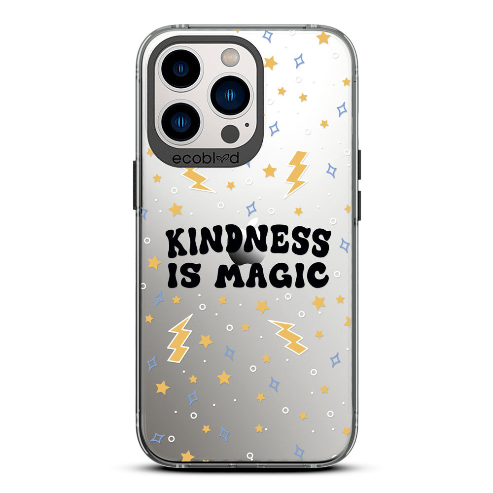 Laguna Collection - Black Compostable iPhone 13 Pro Case With Kindness Is Magic, Lightning Bolts & Stars On Clear Back