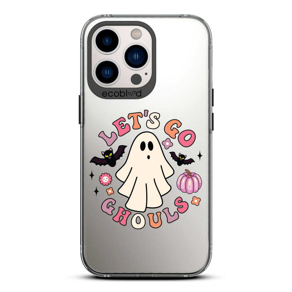 Halloween Collection - Black Laguna iPhone 13 Pro Case With Let's Go Ghouls, A Ghost, Bats & A Pumpkin On A Clear Back