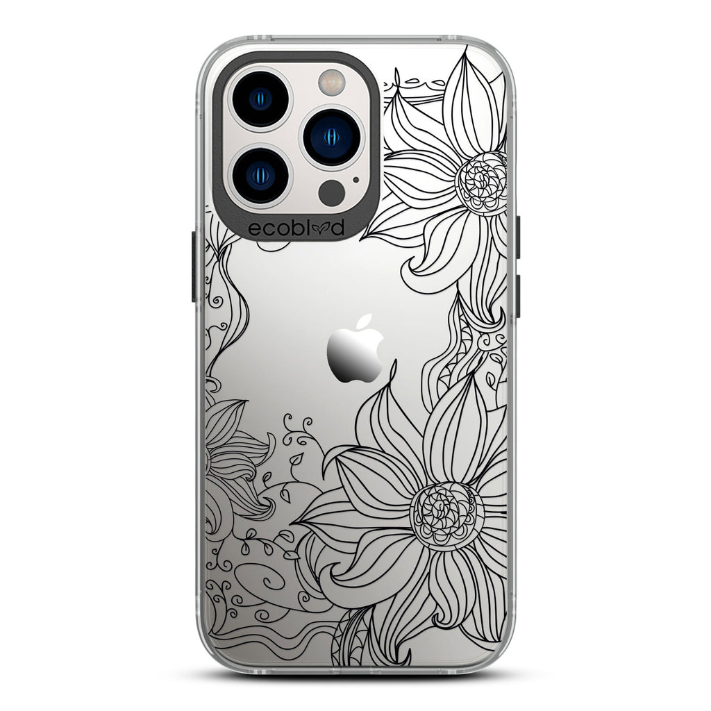Laguna Collection - Black Eco-Friendly iPhone 13 Pro Case With A Sunflower Stencil Line Art Design On A Clear Back