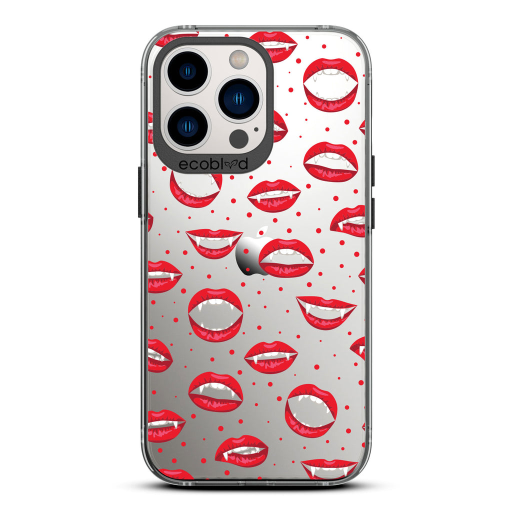 Halloween Collection - Black Laguna iPhone 13 Pro Case With Red Lips And Vampire Fangs On A Clear Back - Compostable