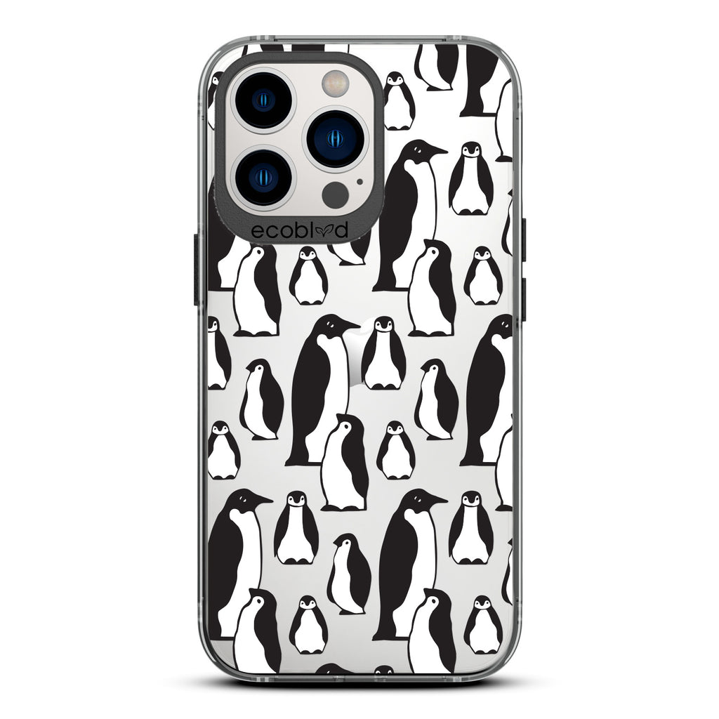 Winter Collection - Black Laguna Eco-Friendly iPhone 13 Pro Case With A Waddle Of Penguins On A Clear Back